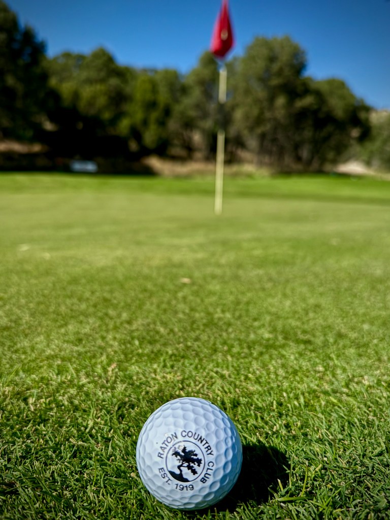 Golf ball with logo with flag in distance